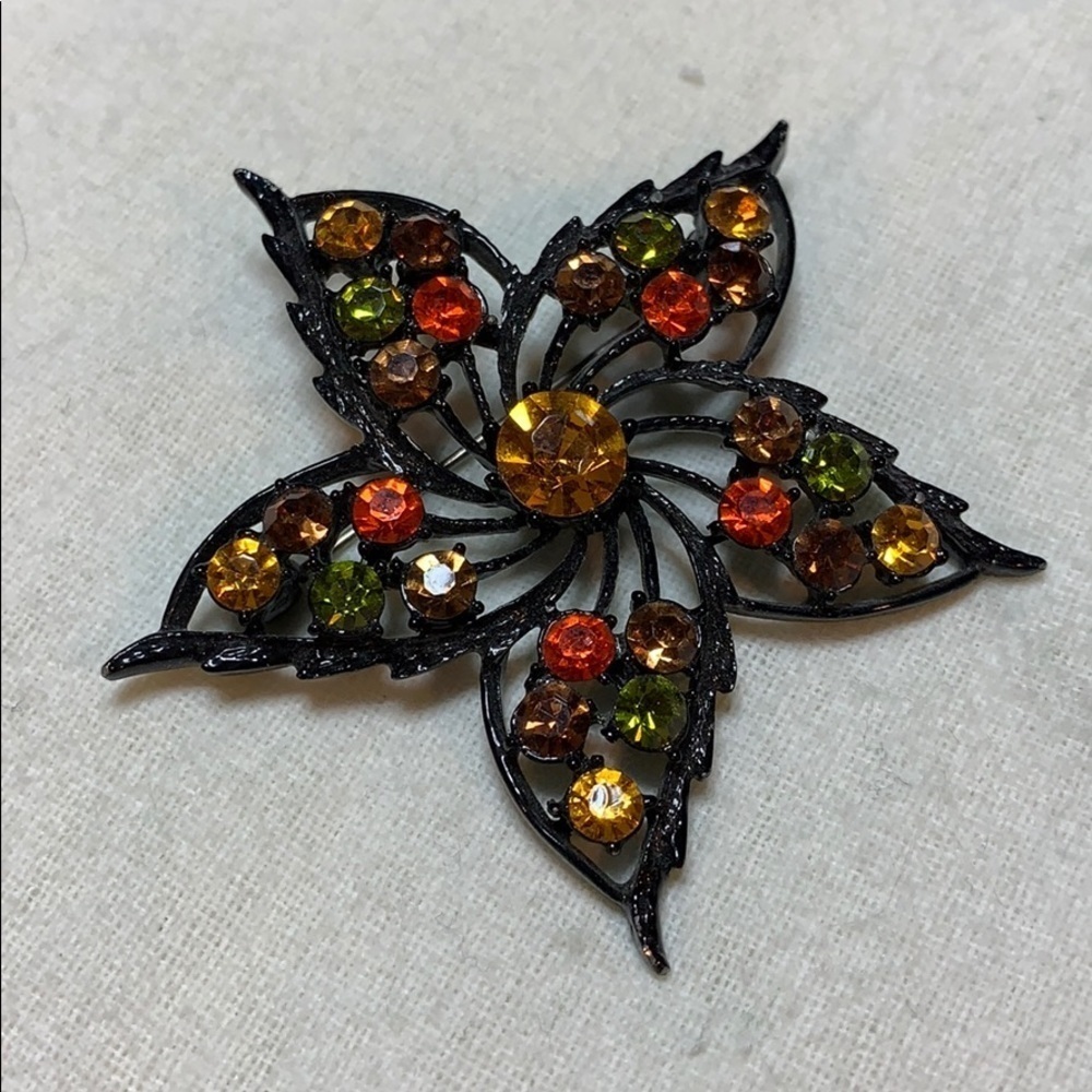 Vintage Retro Leaf w/Orange, Green & Gold Crystals